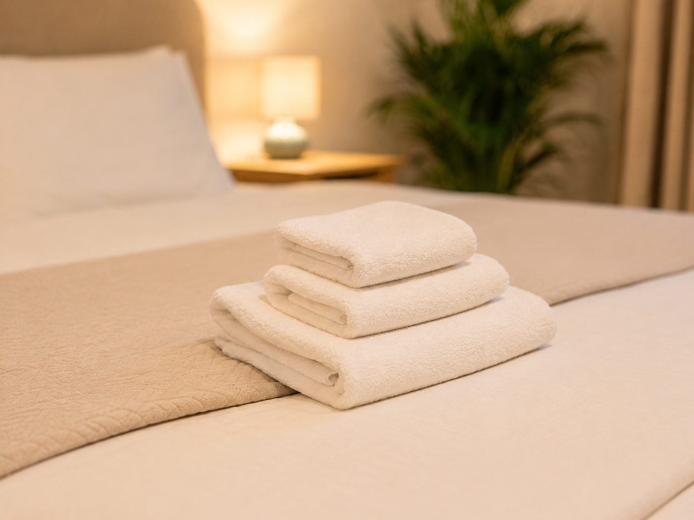 Gestapelte frische Handtücher auf dem Bett