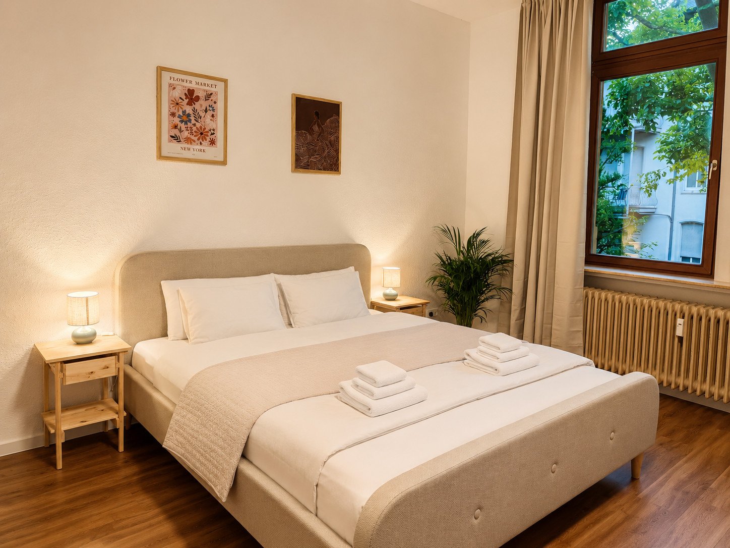 Doppelbett mit warmem Lampenlicht, daneben ein Fenster mit Blick ins Grüne
