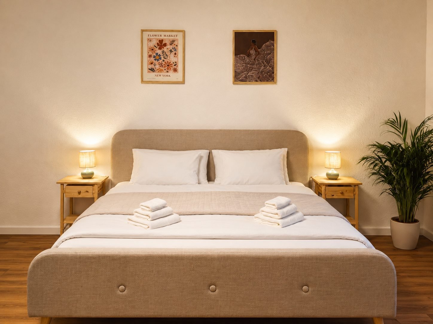 Doppelbett mit Polsterkopfteil, zwei Nachttischlampen und Bildern an der Wand